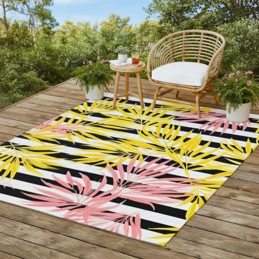 Yellow Pink Leaf Indoor Outdoor Rugs for Camping Patio Balcony Backyard Nursery Black and White Striped Rug 5x8 Garden Pool Front Yard Home Entrance Durable Anti Slip Tropical Area Rug