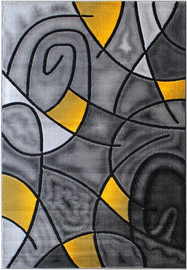 Modern Contemporary Area Rug, Yellow Grey Black (5 Feet X 7 Feet)