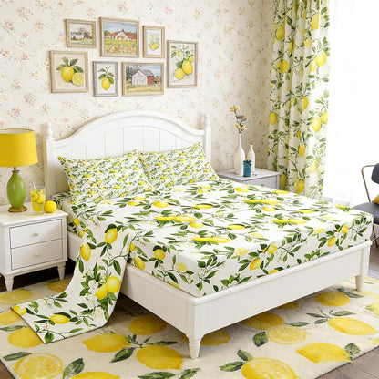 Lemon Bedding Set Twin,Flowers Summer Fruits Bottom Sheet for Kids Teens Adults Girls Room Decor,Green Leaves Plants Bed Cover Fresh Nature Yellow White 3pcs Fitted Sheet+Flat Sheet+1 Pillowcase