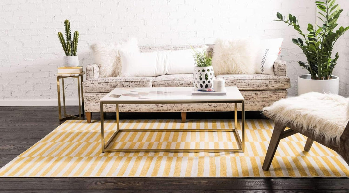 Williamsburg Collection Casual Transitional Thick Alternating Stripes Area Rug (4' 1 x 6' 1 Rectangular, Yellow/Beige)