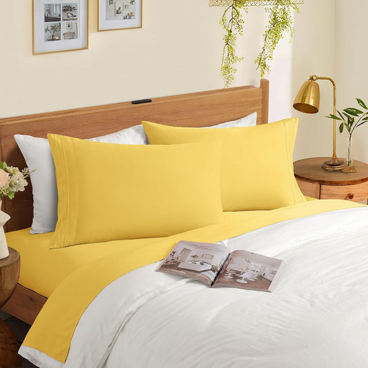 2 Pack Microfiber Pillowcases Standard Size Yellow Bed Pillow Cases with Envelope Closure, 1800 Thread Count Soft & Shrinkage Resistant Pillow Covers, 20 x 26 Inches