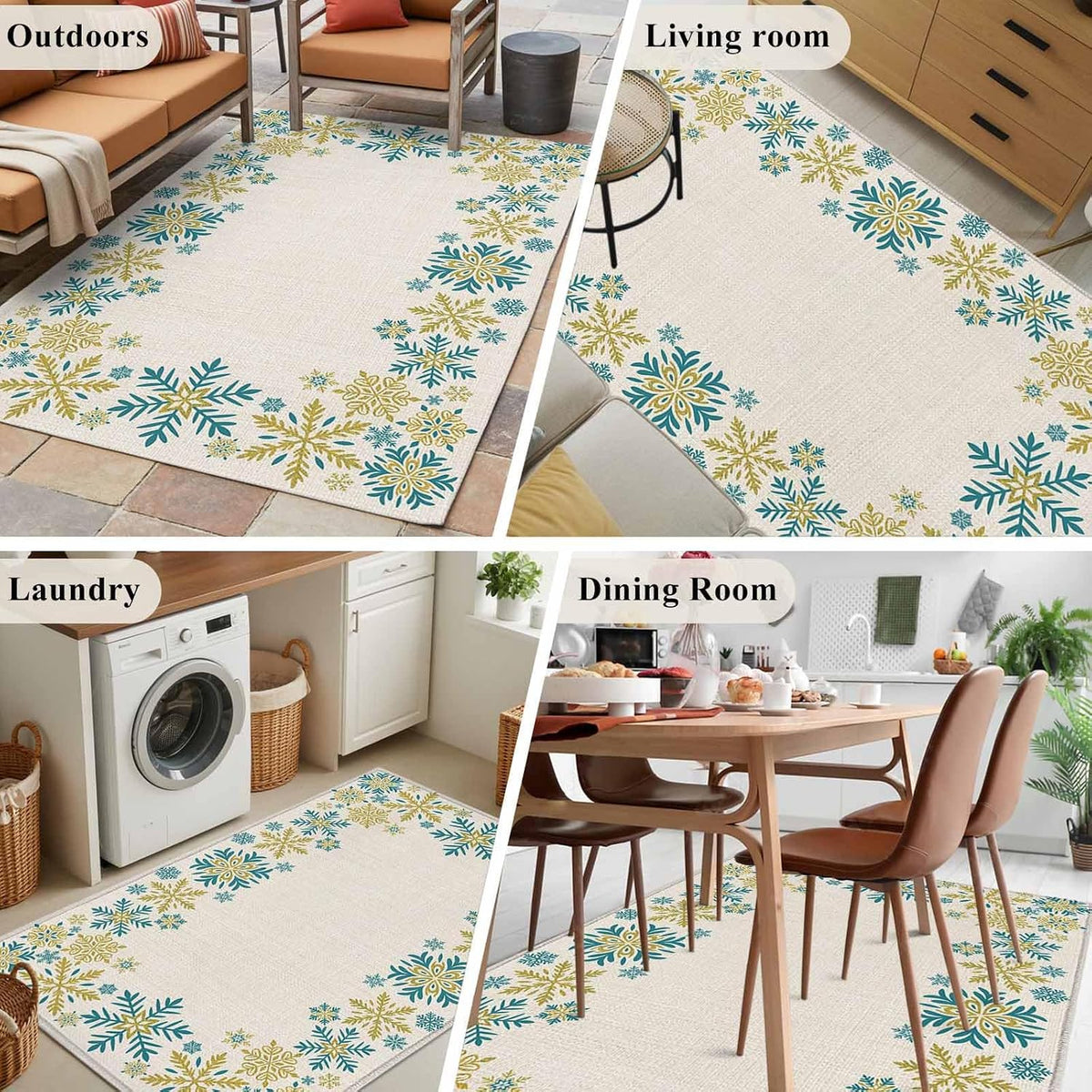 Retro Yellow Snowflake 4x6 Area Rugs for Living Room, Winter Christmas Abstract Art Non Slip Floor Mat Washable Low-Profile Indoor Carpet for Bedroom, Dining Room, Bathroom