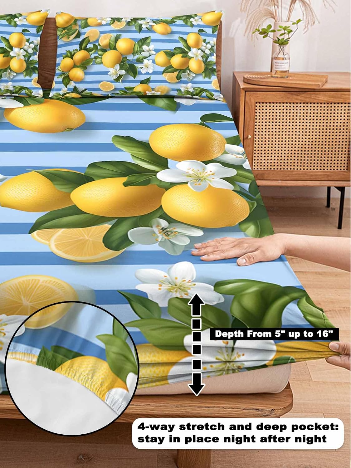 Twin Fitted Sheet and Pillowcase Set, Yellow Lemon Soft Bed Fitted Sheets - Deep Pocket with Elastic Fits Mattress Up to 16", Summer Fruit Rustic Blue Striped Bedding Set with 1 Pillow Case