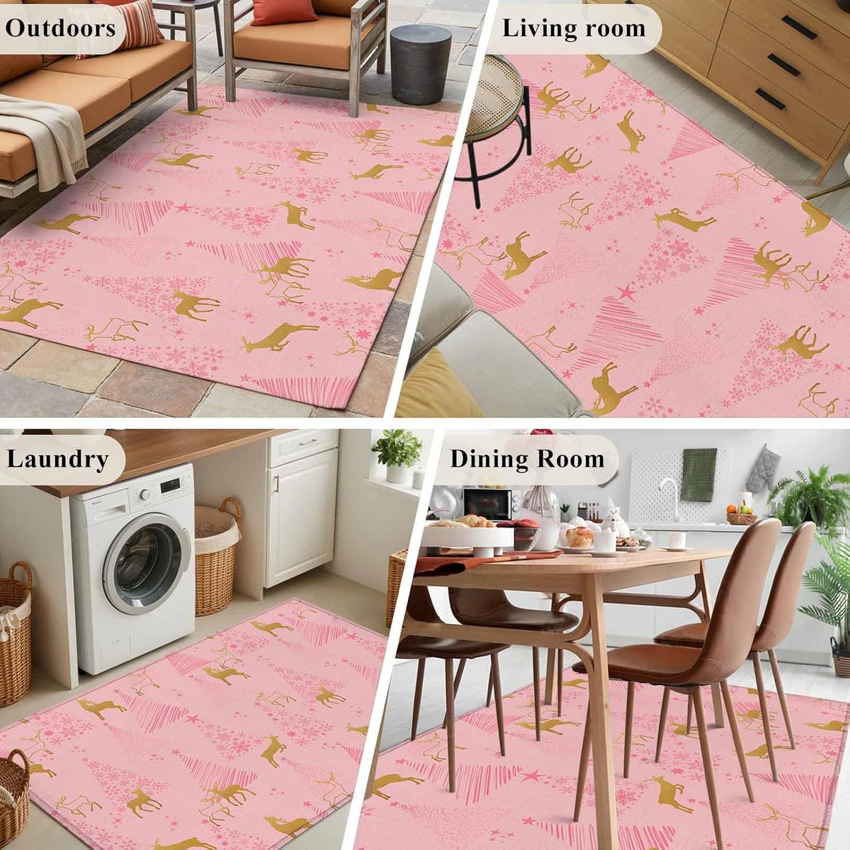 Hallway Runner Rugs 2.7x5 Ft, Christmas Pink Non Slip Area Rugs for Kitchen Bedroom Entryway, Yellow Reindeer Xmas Pine Trees Winter Washable Carpet Runner Rug Floor Mats for Bedroom Home Decor