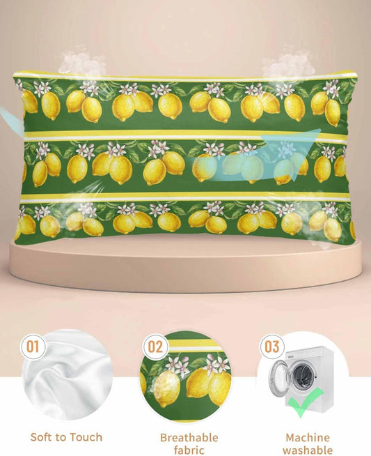 Summer Lemons Satin Pillowcase for Hair and Skin, Yellow Fruit Leaf Striped Green Background Silky Pillow Cases Standard Size with Zipper 1 Pack Soft Cooling Pillow Cover for Women Men, 20''x40''