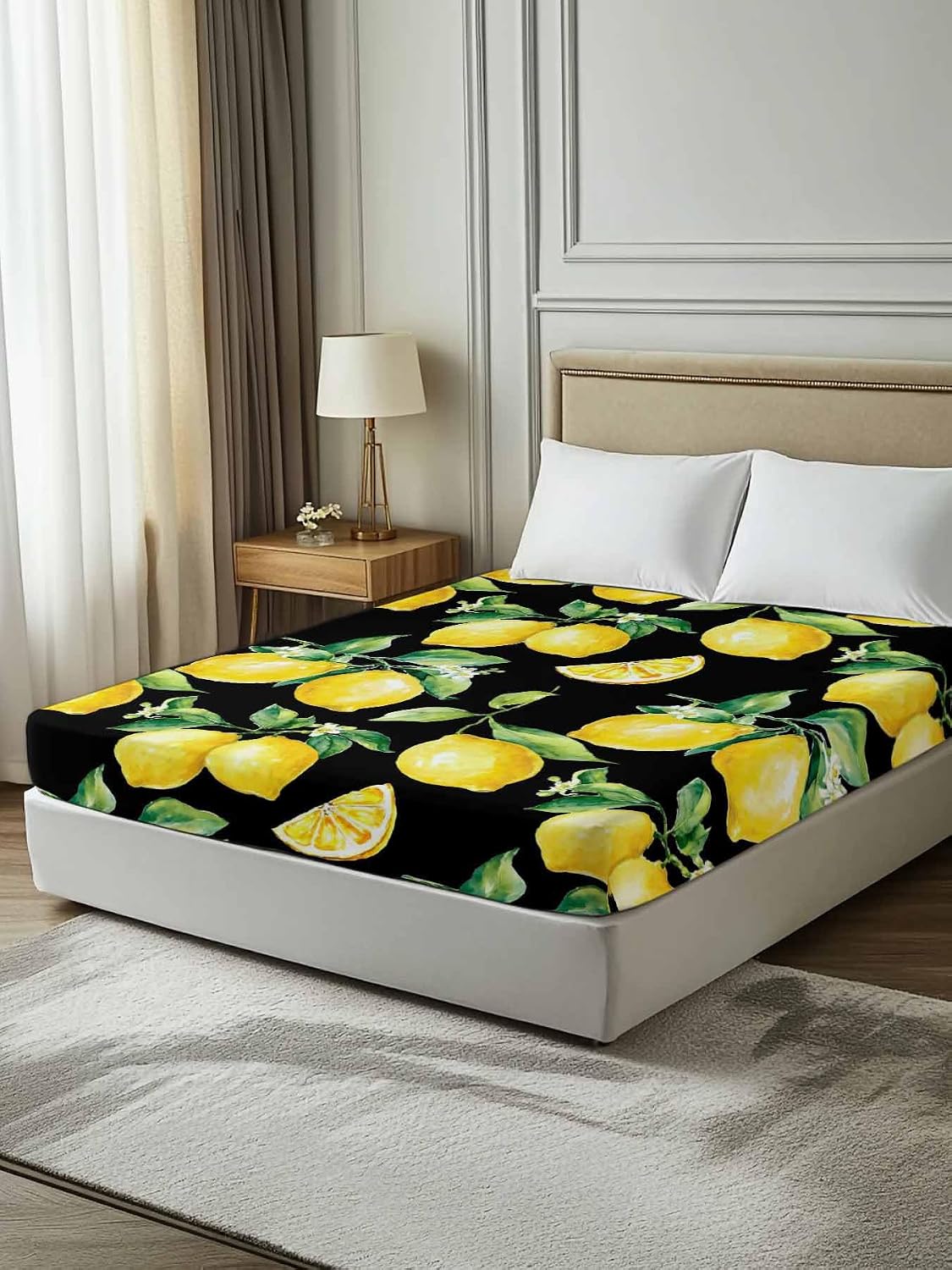 Twin Flat Sheet Only, Summer Lemon Fruit Floral Top Sheet Breathable Soft Brushed Polyester Microfiber Bed Sheets, Yellow on Black Hotel Luxury Bedding Sheets for Women,Men,Teens