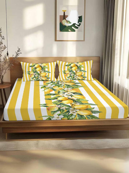 3 Pieces Twin Fitted Sheet Set, Watercolor Summer Farm Lemon Leaves Deep Pocket Up to 16", Yellow Stripe Soft Elastic Bed Sheets and Pillow Cases Secure Fit