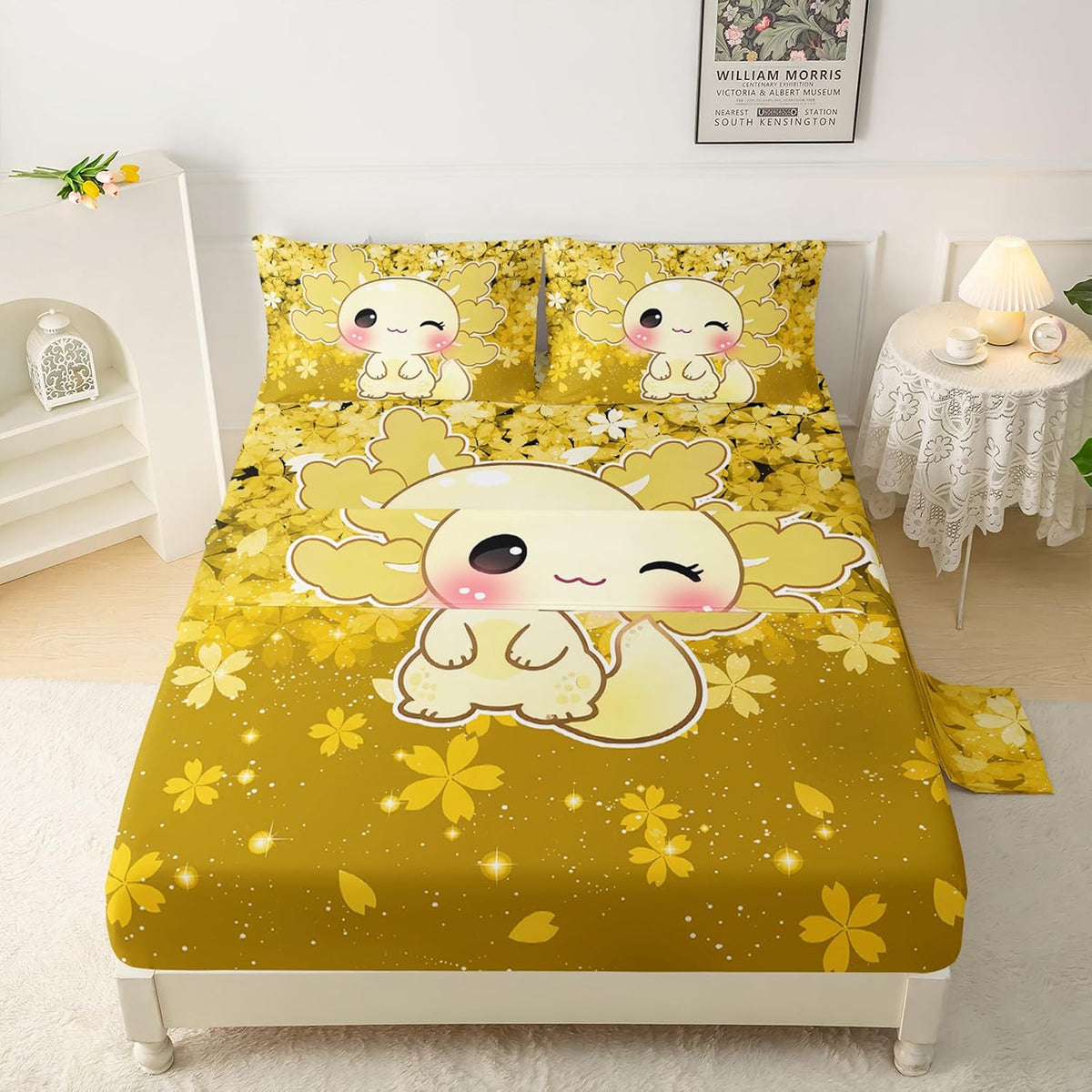 QOOMO Cartoon Animals Kids Sheet Set Queen Size,Kawaii Axolotl Print Bedding Set Lightweight All Seasons,Yellow Sets for Room Decoration,1 Fitted Sheet,1 Flat Sheet,2 Pillow Cases