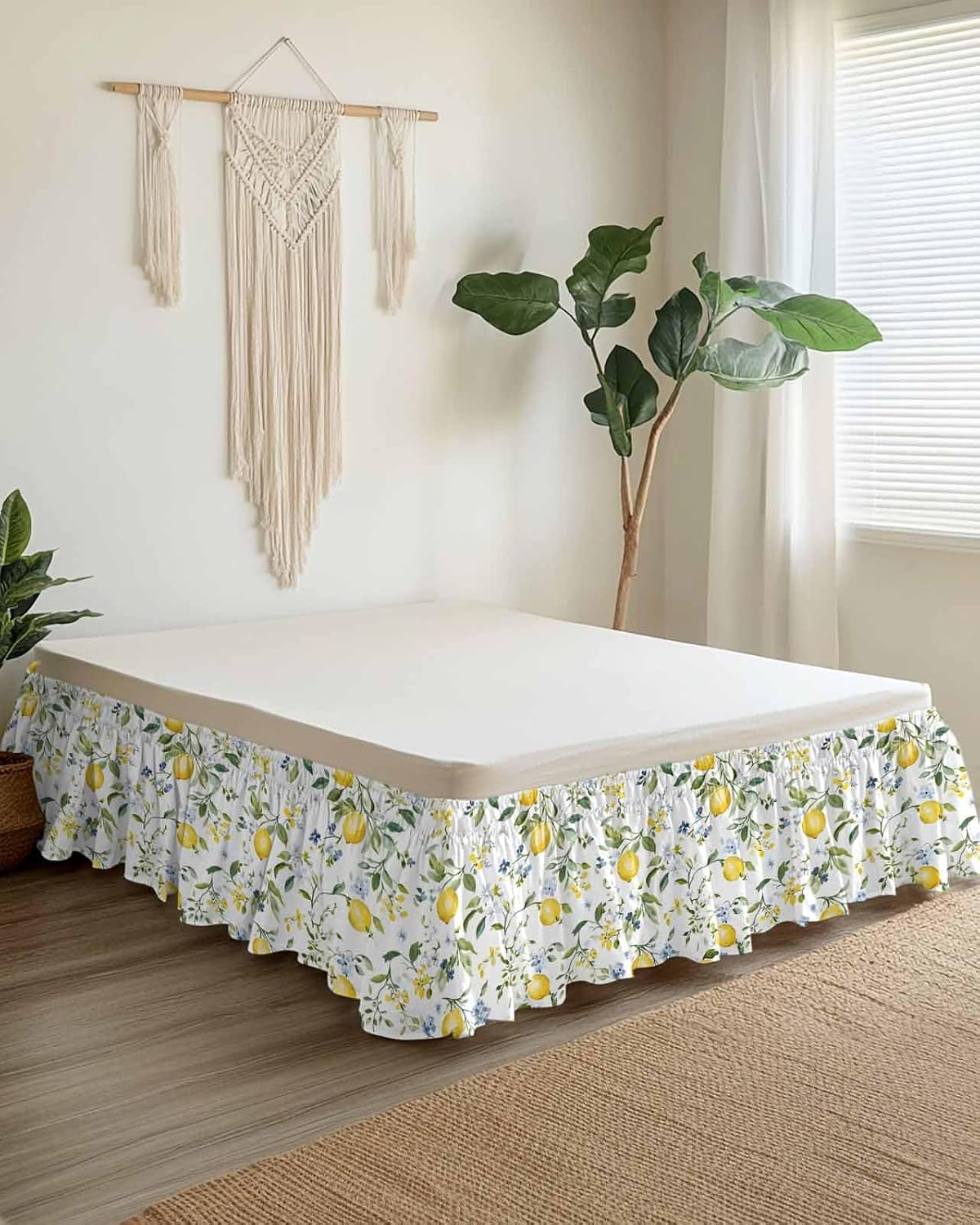 Bed Skirt Yellow Flowers Lemon Summer Ruffle Bed Skirt Wrap Around Bed Skirts for Queen Beds 16" Drop,Adjustable Elastic Dust Ruffles Easy Fit and Wrinkle-Free