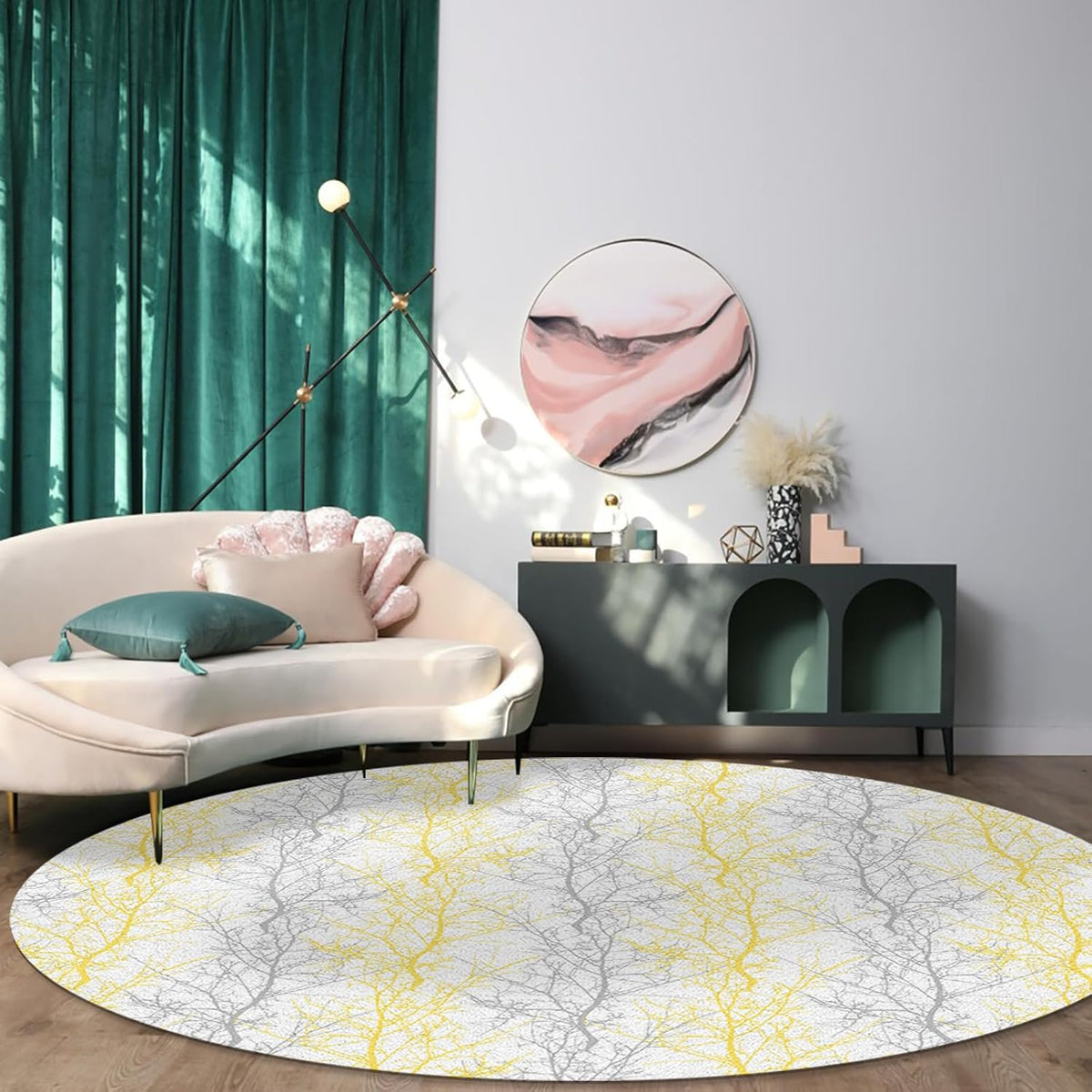 Forest Branch Round Area Rug 4ft,Washable Outdoor Indoor Carpet Runner Rug for Bedroom,Kitchen,Bathroom,Living/Dining/Laundry Room,Office,Area+Rug Large Bath Door Mat Winter Tree Geometric Yellow Grey