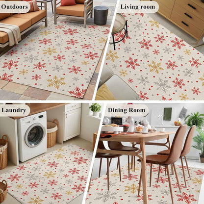 2.7x5 Area Rugs, Winter Snowflakes Non Slip Area Rugs for Living Room, Bedroom, Barhroom, Entryway, Red Yellow Christmas Snowflakes Beige Soft Kitchen Bath Mats Washable Carpet