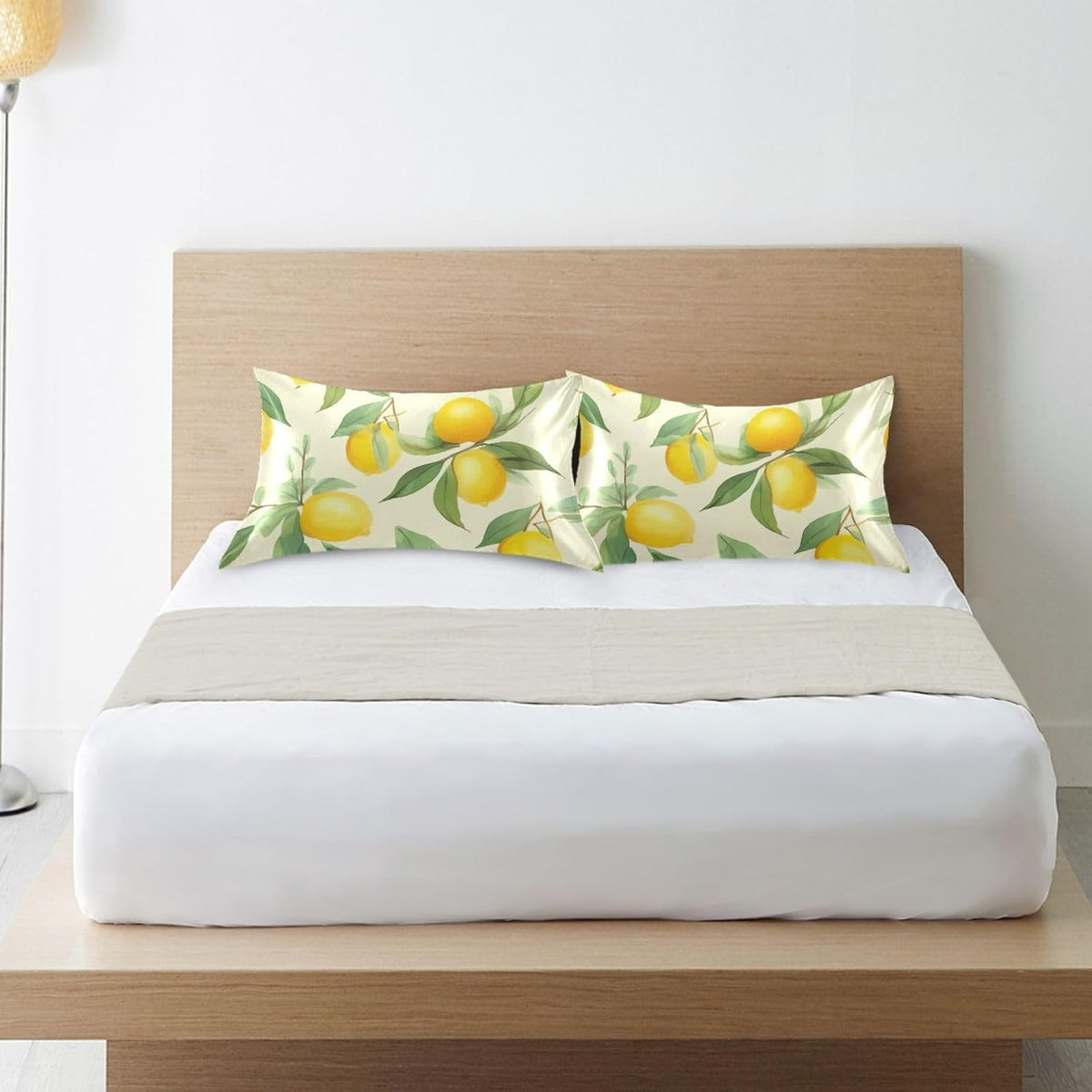 Lemons Leaves Flowers Yellow Satin Pillowcase for Hair and Skin Body Bed Pillow Cases Standard Size 20"X26" Pillow Case Protector with Envelope Closure for Women